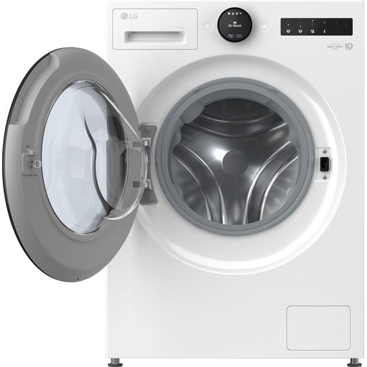 LG VX70 Series AI Direct Drive™ F4X7011TWB 11kg Washing Machine with 1400 rpm - White - Front with door open shot